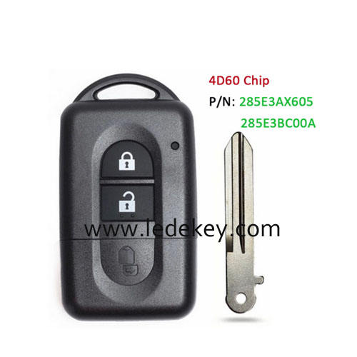 Nissan 2 Button Keyless Remote Key  with 433Mhz 4D60 Chip  P/N: 285E3AX605 / 285E3BC00A