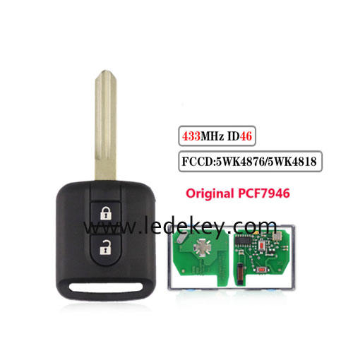 Nissan 2 Button Remote Key  with 433Mhz PCF7946 Chip (Original Chip) FCC: 5WK4876/818