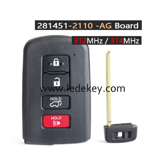 Toyota 4 button Smart Key 312 314 Mhz 8A Chip FCCID :HYQ14FBA Board # 2110 For Toyota Highlander Kluger 2014-2019  P/N: 89904-0E120 or 89904-0E121