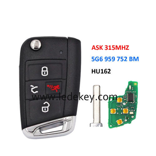 VW 4 button Smart Remote Car Key with HU162 blade ASK 315Mhz MQB AES Chip P/N: 5G6 959 752 BM For Volkswagen Golf Jetta Atlas  2018-2020