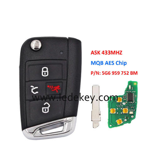 VW 4 button Smart Remote Car Key with HU66 blade ASK 433Mhz MQB AES Chip P/N: 5G6 959 752 BM For Volkswagen Golf GTI 2015-2020