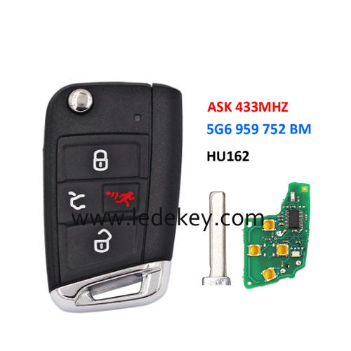 VW 4 button Smart Remote Car Key with HU162 blade ASK 433Mhz MQB AES Chip P/N: 5G6 959 752 BM For Volkswagen Golf Jetta Atlas  2018-2020