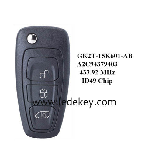 Ford 3 button flip remote key with 433Mhz ID49 chip (FCC:GK2T-15K601-AB) for Ford Transit Tourneo Transit Custom Tourneo Custom 2016-2020