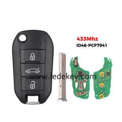 Citroen 3 button flip remote key FSK 433mhz ID46-PCF7941 chip (407/HU83 blade ) For Citroen C3 C4 C4L Cactus Hella C-Elysee Cactus