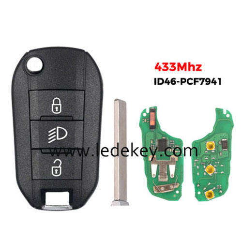 Peugeot 3 button Light button flip remote key FSK 433mhz ID46-PCF7941 chip (307/VA2 blade ) For Peugeot 208 2008 301 308 508 5008 RCZ Expert