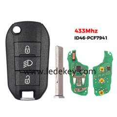 Peugeot 3 button Light button flip remote key FSK 433mhz ID46-PCF7941 chip (407/HU83 blade ) For Peugeot 208 2008 301 308 508 5008 RCZ Expert