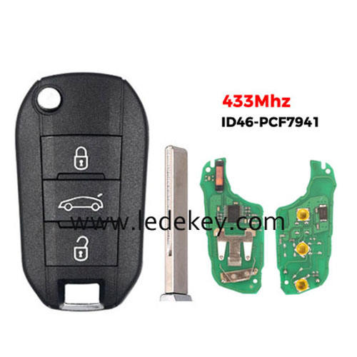 Peugeot 3 button flip remote key FSK 433mhz ID46-PCF7941 chip (407/HU83 blade ) For Peugeot 208 2008 301 308 508 5008 RCZ Expert