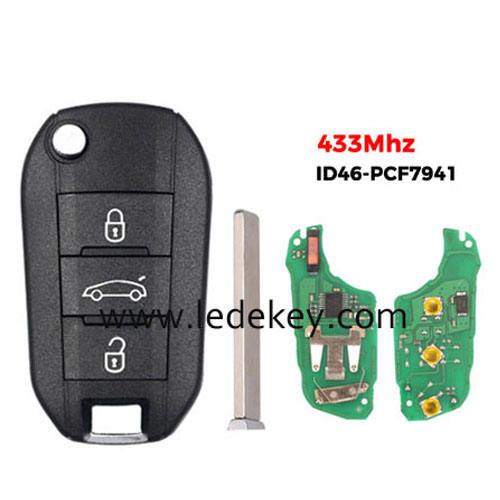Peugeot 3 button flip remote key FSK 433mhz ID46-PCF7941 chip (307/VA2 blade ) For Peugeot 208 2008 301 308 508 5008 RCZ Expert