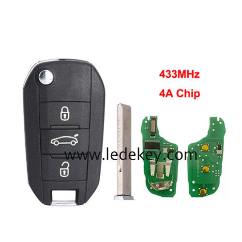 Peugeot 3 button Model A flip remote key with logo 433mhz HITAG AES 4A chip (HU83 blade ) For Peugeot 308 508 3008 Expert Partner