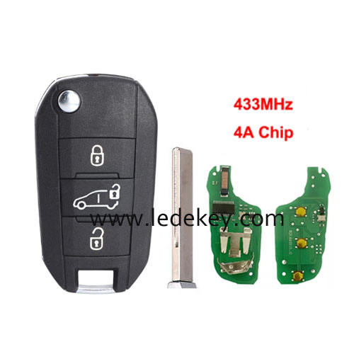 Peugeot 3 button Model C flip remote key with logo 433mhz HITAG AES 4A chip (HU83 blade ) For Peugeot 308 508 3008 Expert Partner
