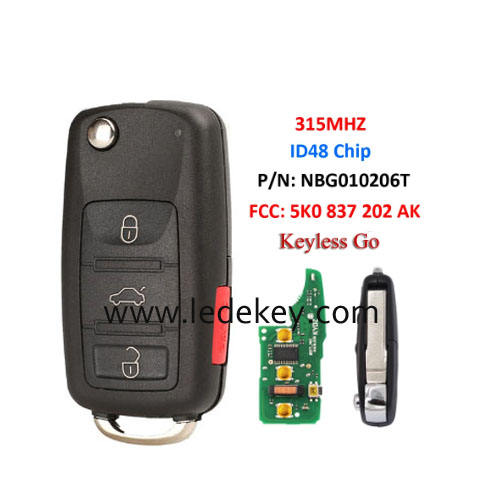 VW 3+1 button Keyless Go Smart Key With 315Mhz ID48 Chip FCC ID: 5K0837202AK P/N: NBG010206T For Volkswagen 2011-2017 (Models with Prox)