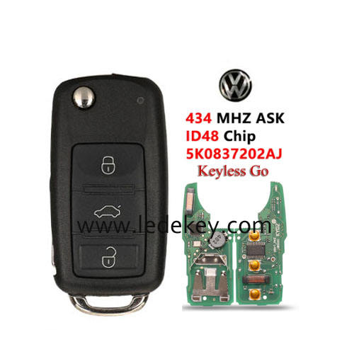 VW 3 button Smart Key With 433Mhz ASK ID48 Chip FCC ID: 5K0837202AJ For GOLF PASSAT Tiguan Polo Jetta Beetle Keyless Go