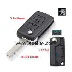 Peugeot HU83(407) blade 3 buttons flip remote key shell (No battery place )