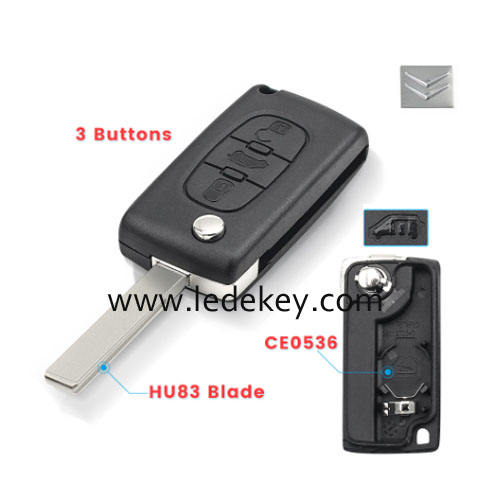 Citroen HU83(407) blade 3 buttons flip remote key shell (With battery place )