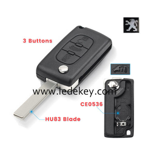 Peugeot HU83(407) blade 3 buttons flip remote key shell (With battery place )