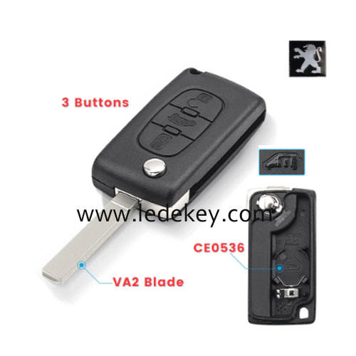 Peugeot VA2(307) blade 3 buttons flip remote key shell (With battery place )