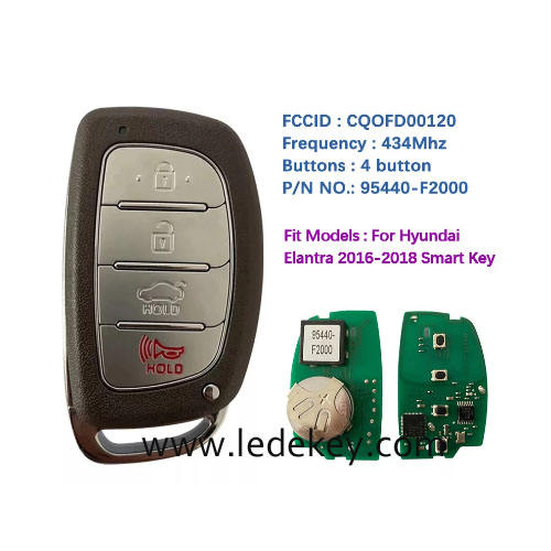 Aftermarket Hyundai 4 Button Smart Key For Hyundai Elantra 2015-2018 Proximity Remote 433MHz 8A chip FCCID Number 95440-F2000 F3000 PN Number CQOFD00120