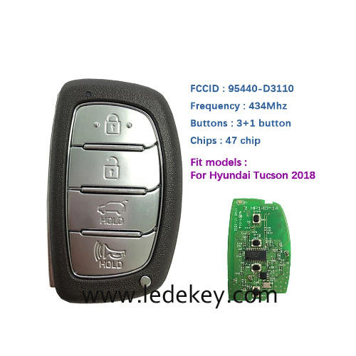 Aftermarket Hyundai 4 Button Smart Key For Hyundai Tucson 2018 Remote 433MHz ID47 chip FCCID Number 95440-D3110