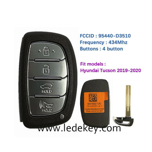 Aftermarket Hyundai 4 Button Smart Key For Hyundai Tucson 2019 2020 Remote 433MHz ID47 chip FCCID Number TQ8-FOB-4F11 PN Number 95440-D3510
