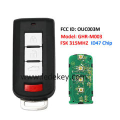 Aftermarket 3+1 button smart key No Logo 315MHZ ID47 chip FCC ID ：OUC003M Model: GHR-M003 For Mitsubishi Mirage 2013-2019 Mirage G4 2016-2020
