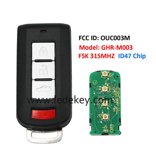 Aftermarket 3+1 button smart key No Logo 315MHZ ID47 chip FCC ID ：OUC003M Model: GHR-M003 For Mitsubishi Mirage 2013-2019 Mirage G4 2016-2020