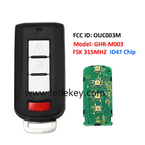 Aftermarket 2+1 button smart key No Logo 315MHZ FSK ID47 chip FCC ID ：OUC003M Model: GHR-M003 For Mitsubishi Mirage 2013-2019 Mirage G4 2016-2020