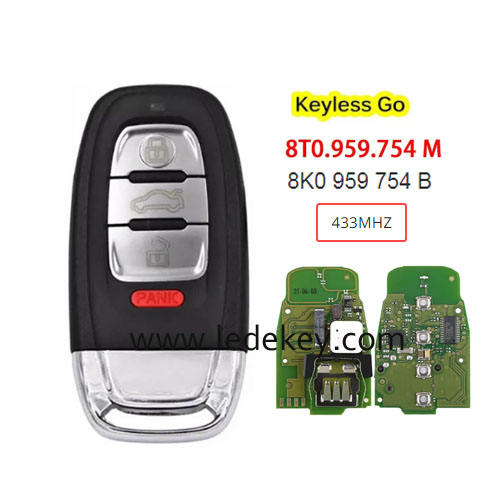4 button Keyless Go Smart remote key with 433Mhz PCF7945AC chip FCC: IYZFBSB802 P/N: 8T0 959 754 M/8K0 959 754 B for For Audi A3 A4 A5 A6 A8 Quattro Q5 2008+ Smart Key