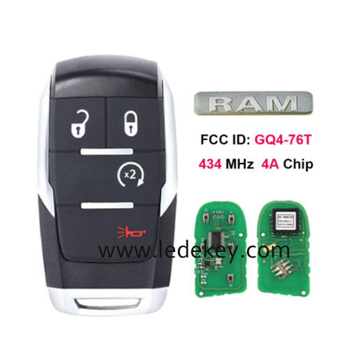 Aftermarket 3+1 button smart remote key with 433Mhz 4A Chip FCC ID: GQ4-76T with logo For Dodge RAM 2500 3500 5500  2019 + smart key