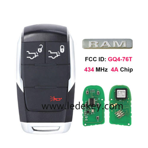 Aftermarket 3 button smart remote key with 433Mhz 4A Chip FCC ID: GQ4-76T with logo For Dodge Ram Pickup  3500 4500 5500  2019 + smart key