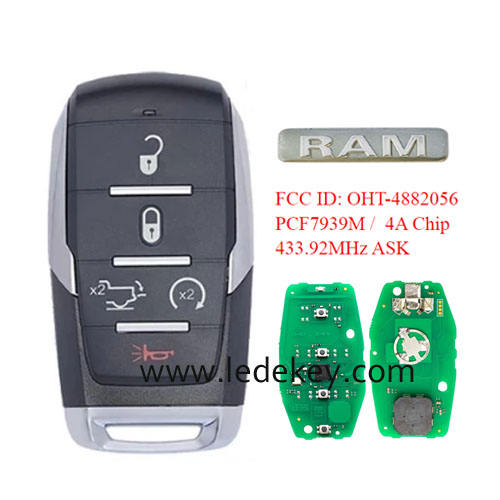 Aftermarket 5 button smart remote key with 433Mhz PCF7939M-4A Chip FCC ID: OHT-4882056 With logo For For Dodge Ram 1500 2019 + smart key