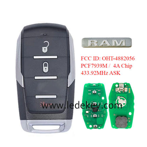 Aftermarket 3 button smart remote key with 433Mhz PCF7939M-4A Chip FCC ID: OHT-4882056 With logo For For Dodge Ram 1500 2019 + smart key