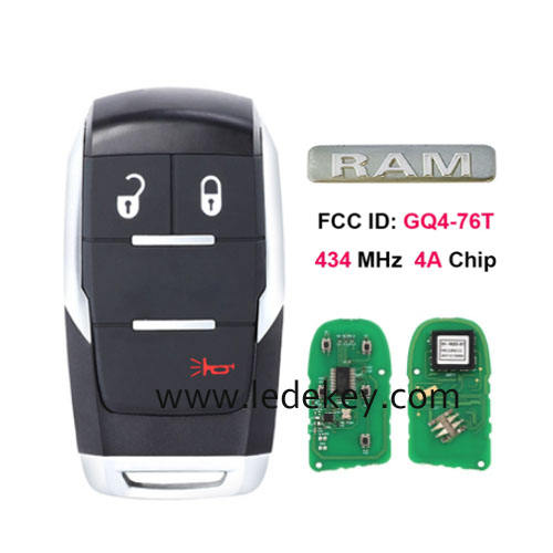 Aftermarket 2+1 button smart remote key with 433Mhz 4A Chip FCC ID: GQ4-76T with logo For Dodge RAM 2500 3500 4500 5500  2019 + smart key