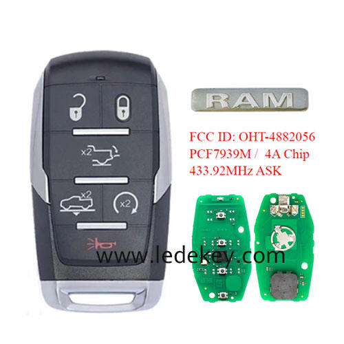 Aftermarket 6 button smart remote key with 433Mhz PCF7939M-4A Chip FCC ID: OHT-4882056 With logo For For Dodge Ram 1500 2019 + smart key