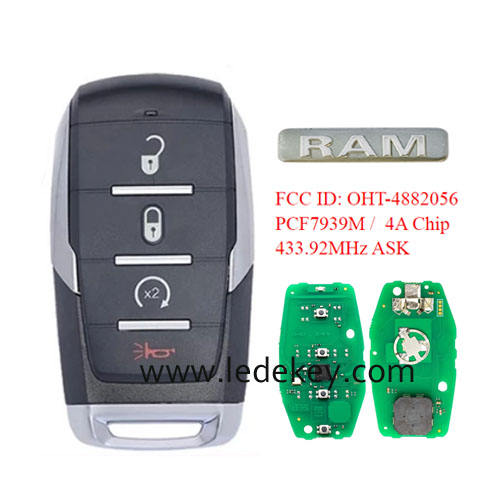 Aftermarket 4 button smart remote key with 433Mhz PCF7939M-4A Chip FCC ID: OHT-4882056 With logo For For Dodge Ram 1500 2019 + smart key
