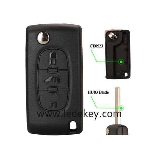 Fiat 3 buttons flip remote key shell with HU83(407) blade  (No battery place ) CE0523 Replace