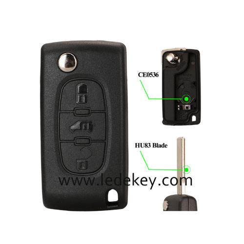 Fiat 3 buttons flip remote key shell with HU83(407) blade  (With battery place ) CE0536 Replace