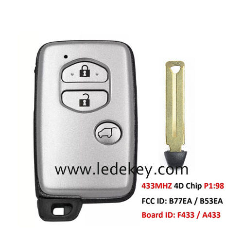 Toyota 3 button Smart Key 433Mhz ASK/FSK 4D Chip For Toyota Land Cruiser 2007-2016 FCCID: B77EA / B53EA (Have ASK 433mhz and FSK 433mhz for select)