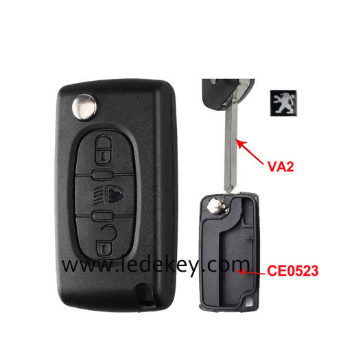 Peugeot 3 buttons flip remote key shell  ( 307/VA2 blade LED-CE0523 No battery place )