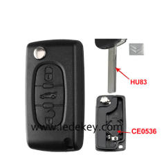 Citroen 3 buttons flip remote key shell  ( 407/HU83 blade Trunk-CE0536 With battery place )