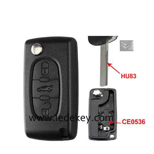 Citroen 3 buttons flip remote key shell  ( 407/HU83 blade Trunk-CE0536 With battery place )