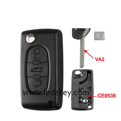 Citroen 3 buttons flip remote key shell  ( 307/VA2 blade Trunk-CE0536 With battery place )