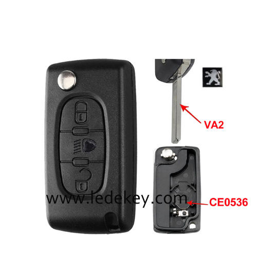 Peugeot 3 buttons flip remote key shell  ( 307/VA2 blade LED-CE0536 With battery place )