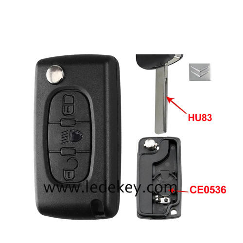Citroen 3 buttons flip remote key shell  ( 407/HU83 blade LED-CE0536 With battery place )