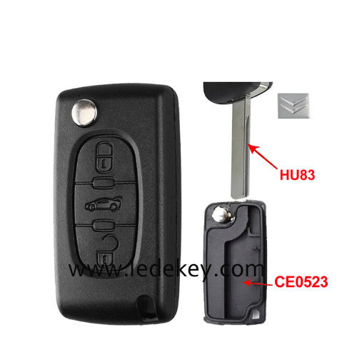 Citroen 407 blade 3 button flip remote key shell with trunk button ( HU83 Blade - Trunk - No battery place )