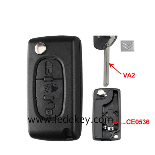 Citroen 3 buttons flip remote key shell  ( 307/VA2 blade LED-CE0536 With battery place )