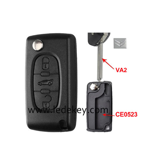 Citroen 3 buttons flip remote key shell  ( 307/VA2 blade Trunk-CE0523 No battery place )