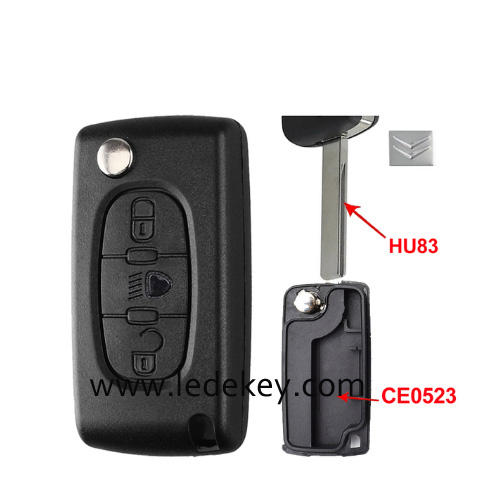Citroen 3 buttons flip remote key shell  ( 407/HU83 blade LED-CE0523 No battery place )