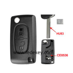 Citroen 2 buttons flip remote key shell  ( 407/HU83 blade -CE0536 With battery place )