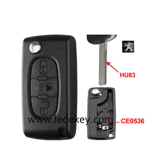 Peugeot 3 buttons flip remote key shell  ( 407/HU83 blade LED-CE0536 With battery place )