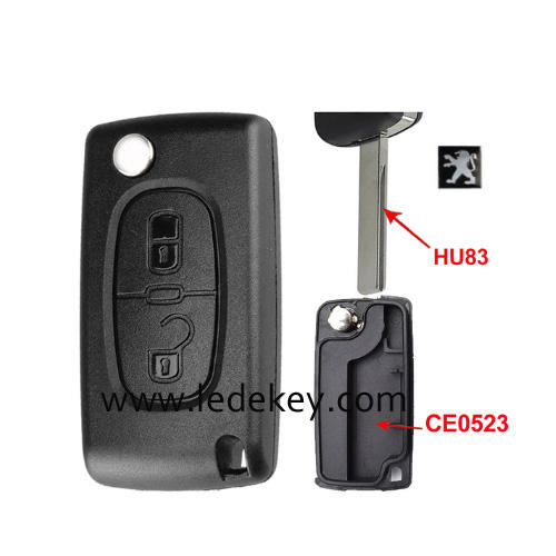 Peugeot 2 buttons flip remote key shell  ( 407/HU83 blade -CE0523 No battery place )